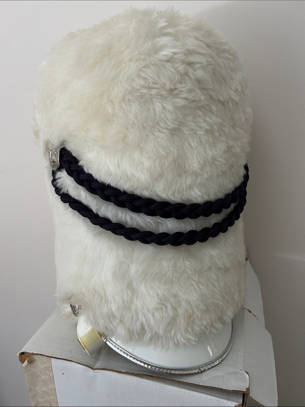 White Faux Fur Pom-Pom Hat with Black Braid Detail